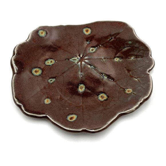 Original Studio Art Pottery Leaf Pattern Trinket Dish Brown Glaze 5.8" x 6" - Picture 1 of 4
